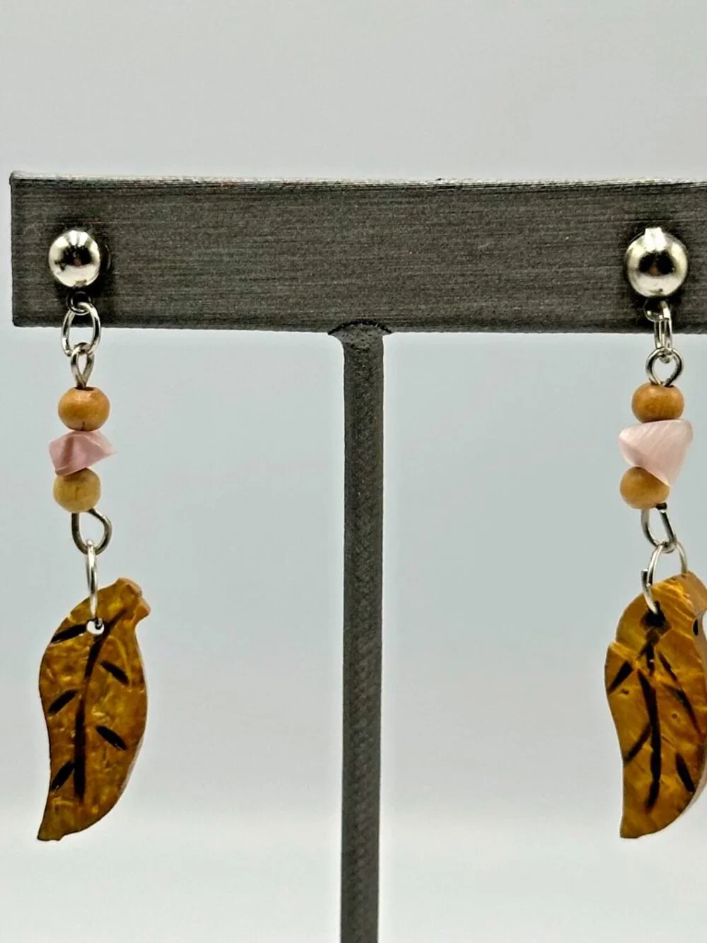 3/$30 Leaf Carved Earrings Wood Beads Dangle Boho Natural Earth Tone Pierced 2